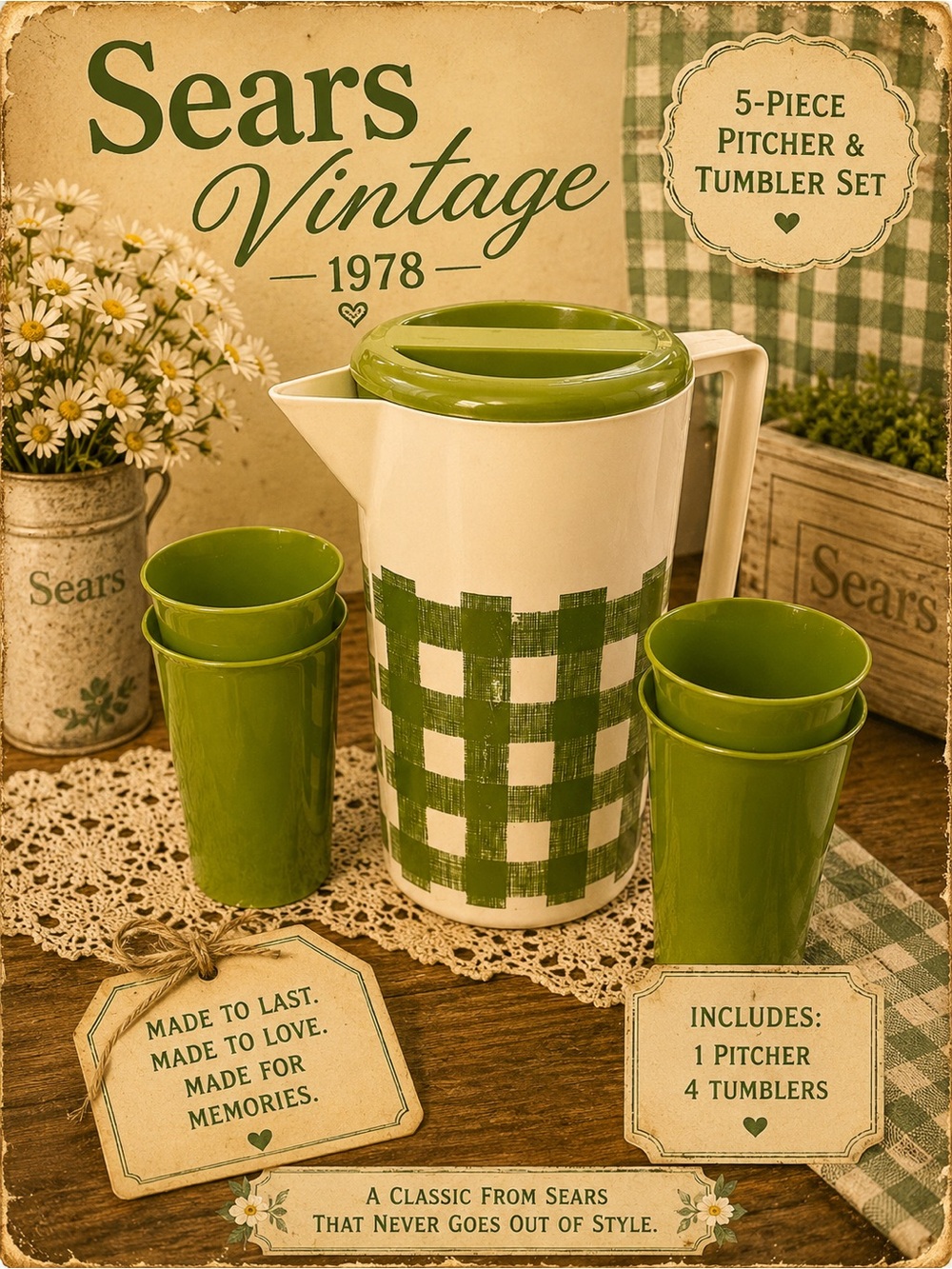 Sears White Pitcher & Green Check with Tumbler Set